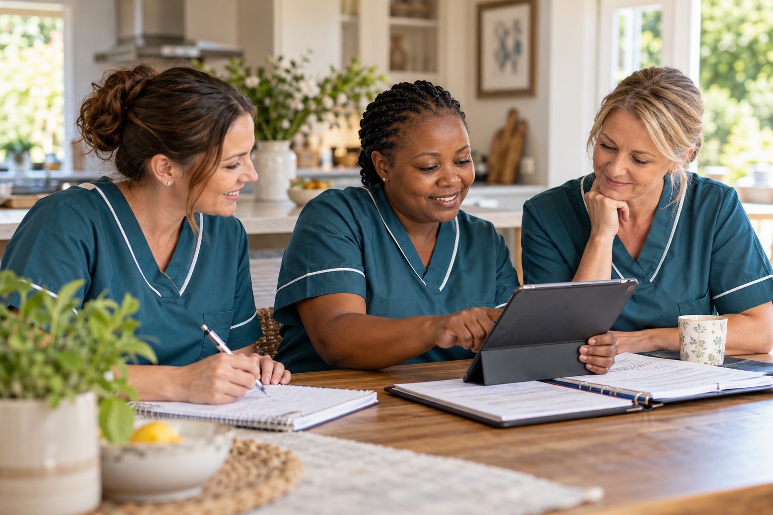 Three Mont Care caregivers reviewing an individual care plan together