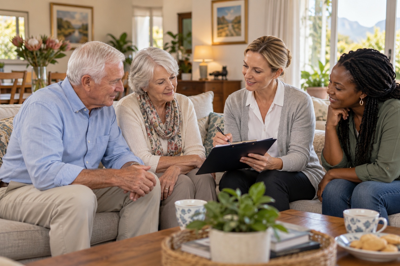 A care coordinator discussing a personalised home care plan with an older couple and their daughter