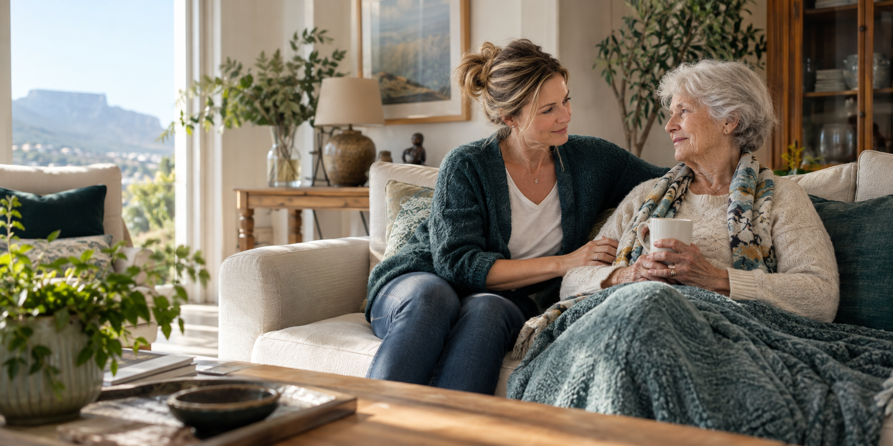 A Mont Care caregiver sharing a warm moment with an older woman at home