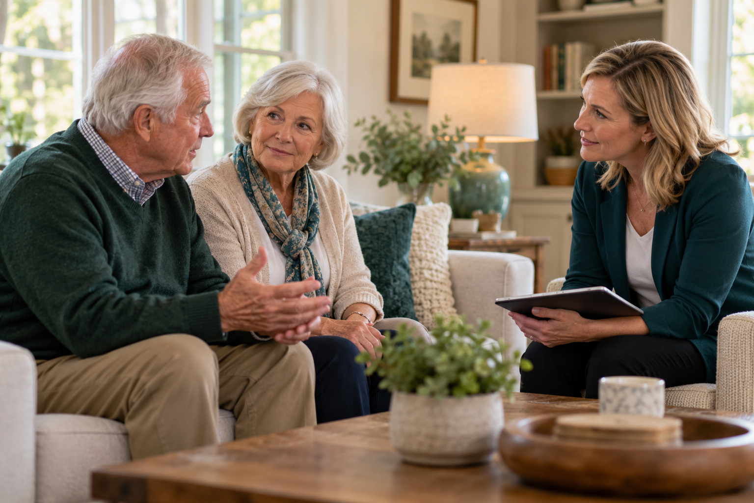 A care consultant listening to an older couple at home