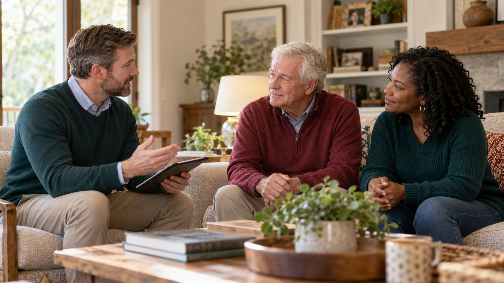 A care planning conversation with a client and family member at home