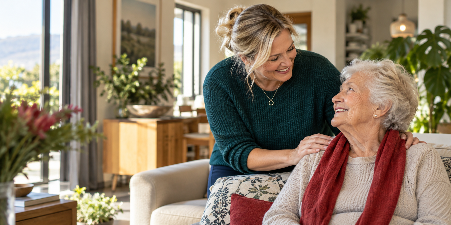 A Mont Care caregiver supporting an older woman at home