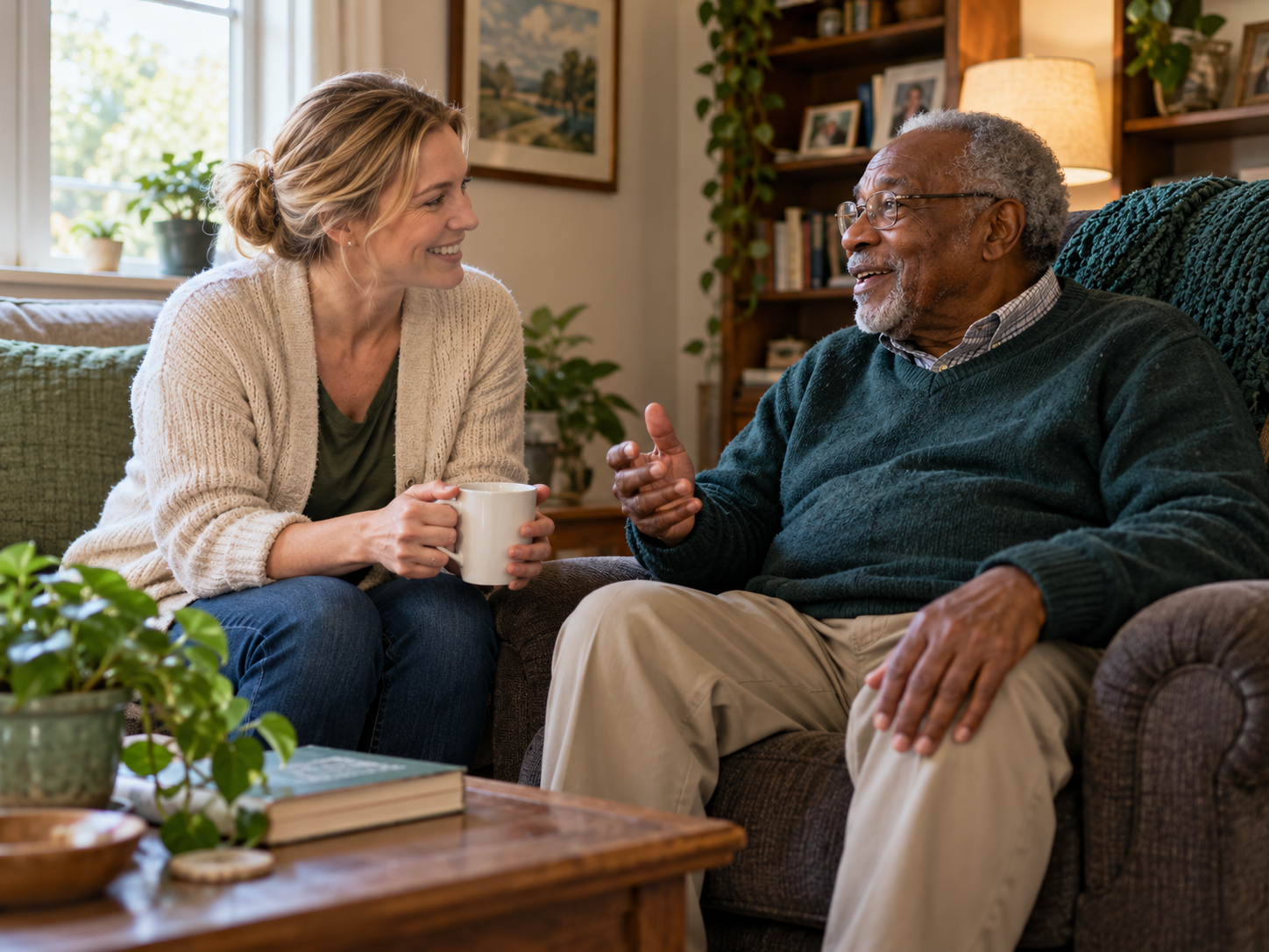 A caregiver talking with an older man in his living room