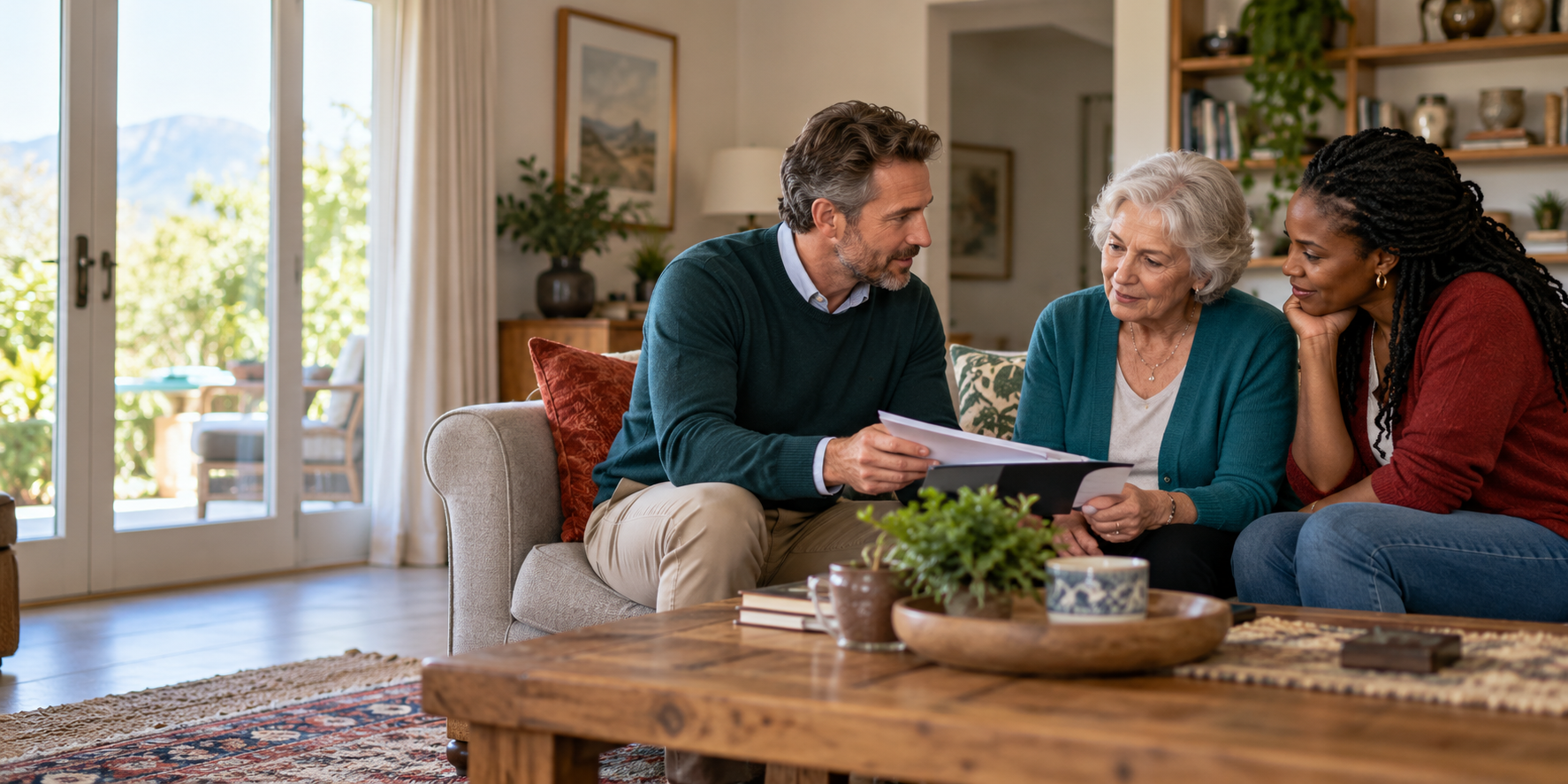 A care consultant discussing a care plan with a client and family member