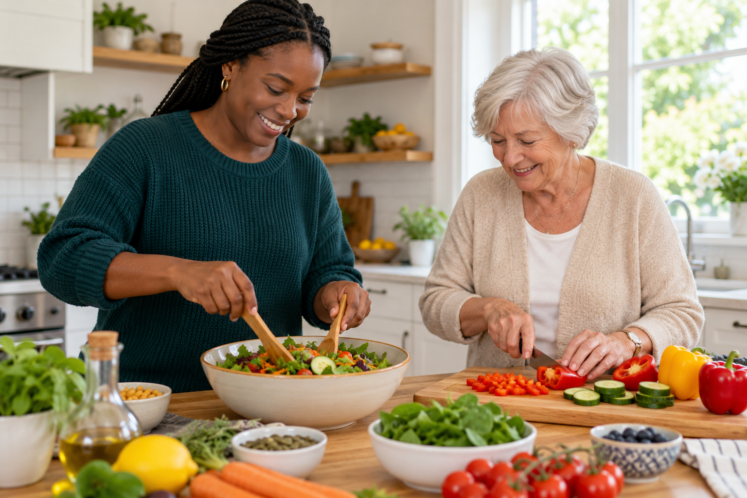 A caregiver preparing a healthy meal with an older woman at home