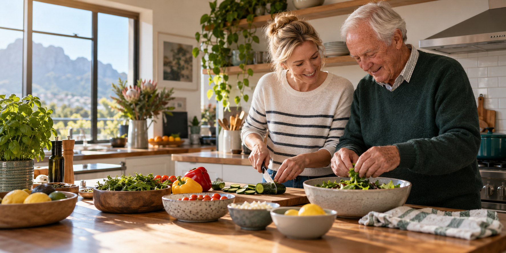 A caregiver helping an older man prepare a healthy meal at home