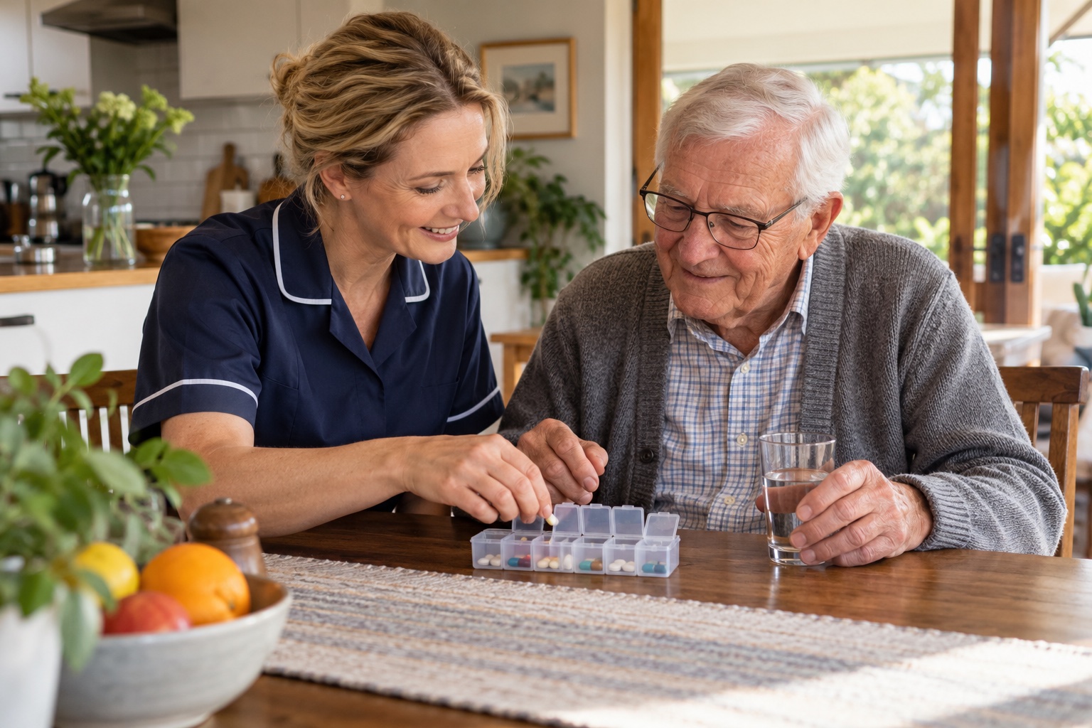 A caregiver helping an older man organise his prescribed medication at home